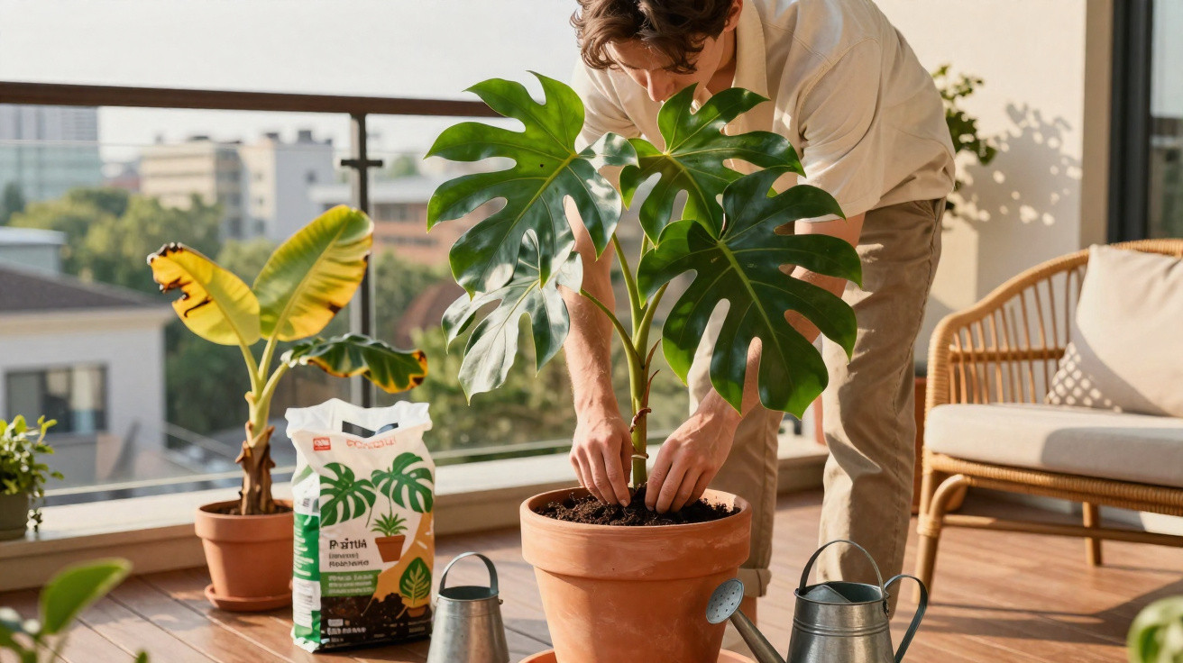 Man repotting a large monstera plant on a sunny balcony with gardening tools nearby.