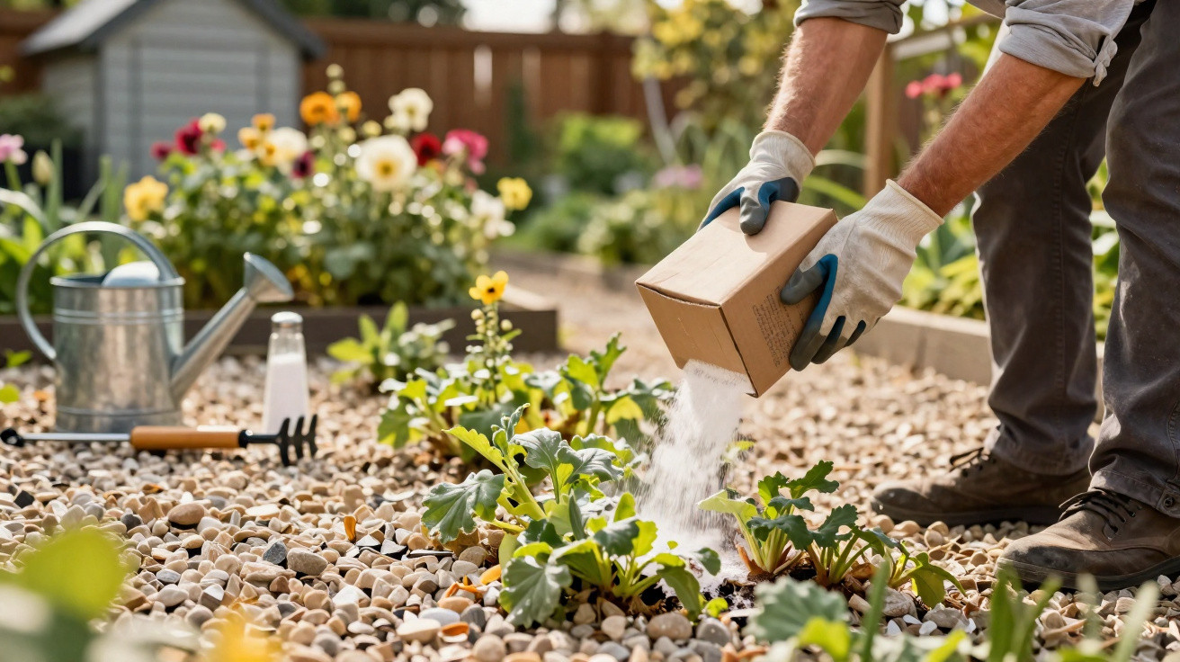 Person wearing gloves sprinkling fertiliser on plants in a garden with pebbled soil and colourful flowers.