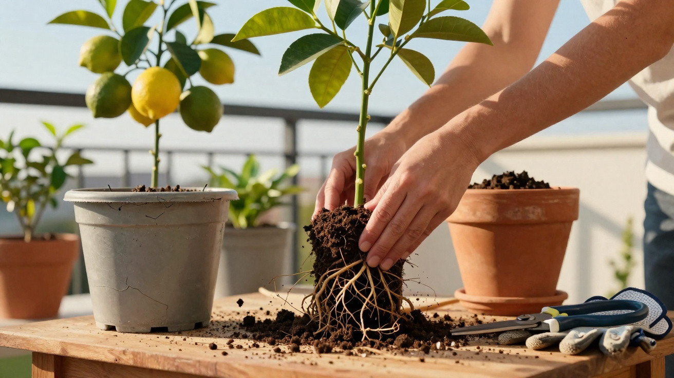 Hands repotting a lemon tree seedling with roots exposed on a wooden table, surrounded by pots and gardening tools.