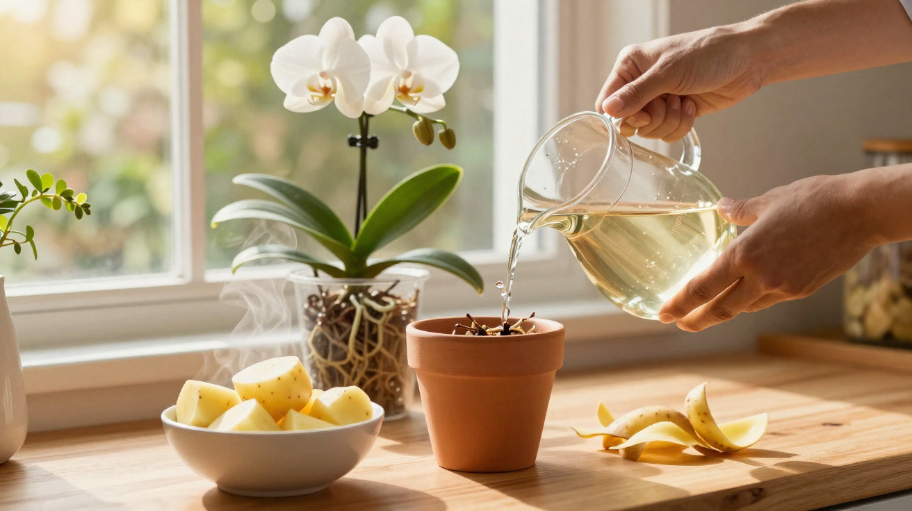 Hands pouring hot water from glass jug into terracotta pot with cloves on wooden kitchen table near window.