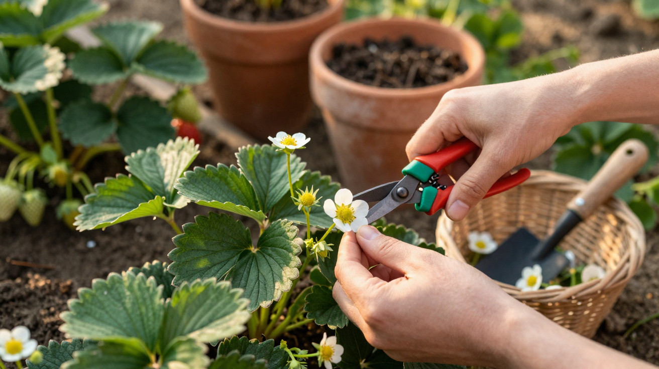 Hands pruning a white flower from a strawberry plant with garden shears in a garden setting.