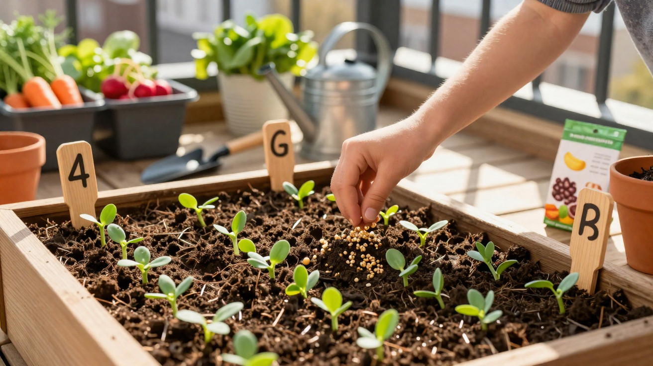 Hand planting seeds in a wooden planter box with young seedlings and seed packets on a balcony garden.
