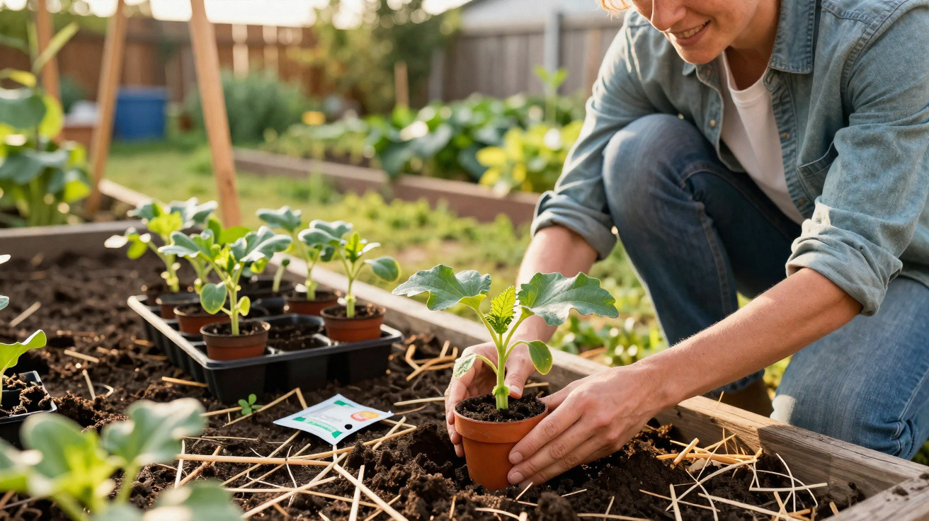 Person planting a young vegetable seedling in a raised garden bed outdoors on a sunny day.