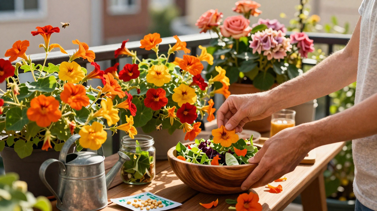 Person garnishing salad with orange edible flowers on a sunny balcony garden table with watering can.