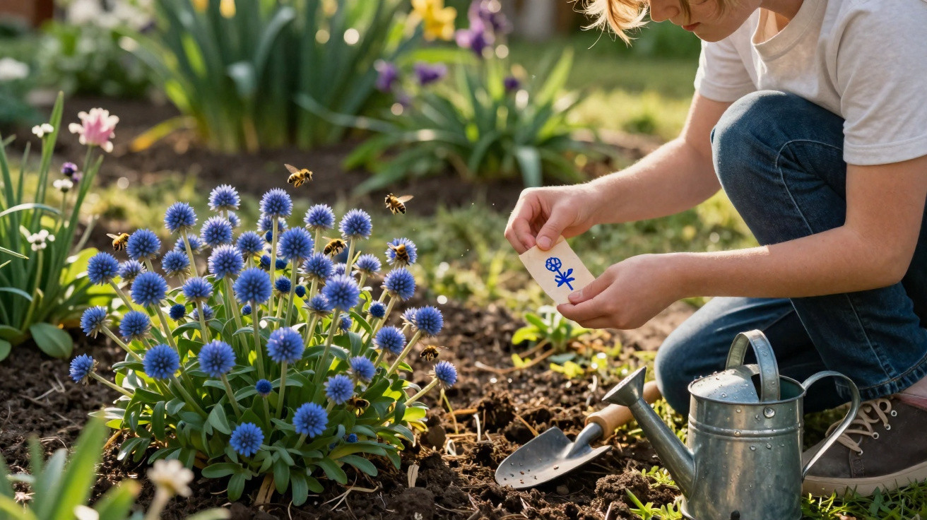 Child gardening with blue globe thistle flowers, bees, a watering can, and a small trowel in a sunny garden.