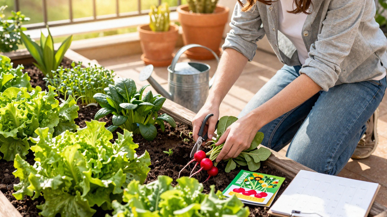 Person harvesting radishes from a raised garden bed with green lettuce and gardening tools nearby.