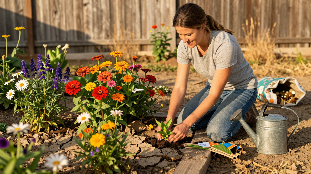 Woman planting young flowers in a garden bed surrounded by colourful blooming flowers and gardening tools.