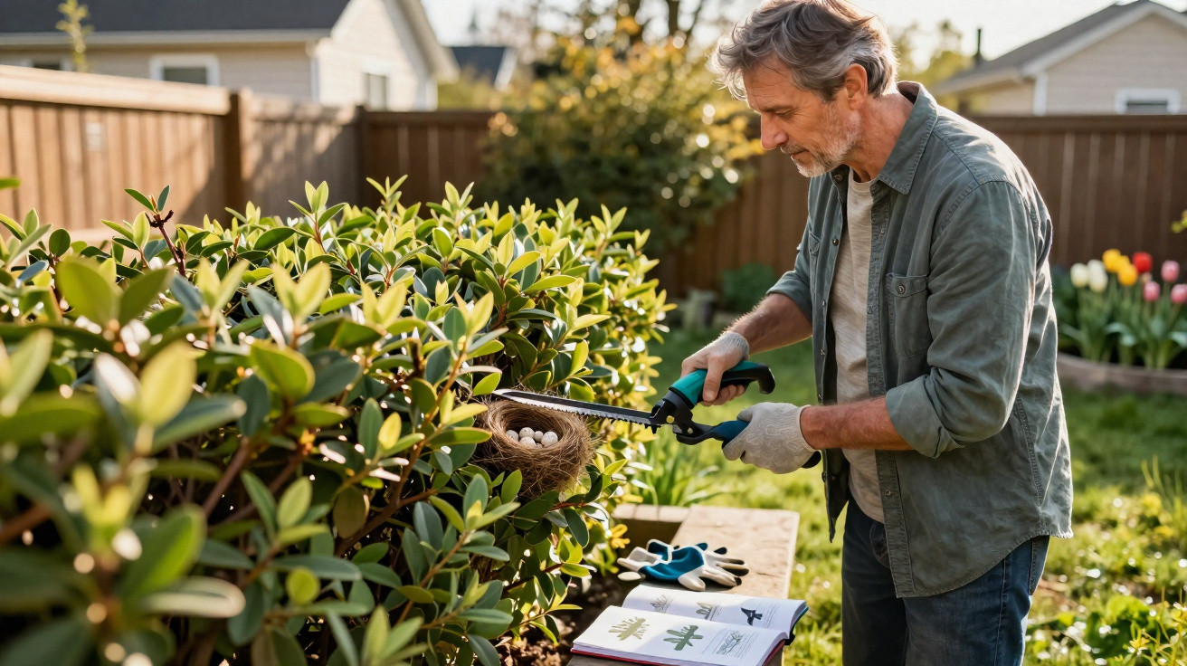 Man using pruning shears to carefully remove a bird’s nest with eggs from a garden hedge.