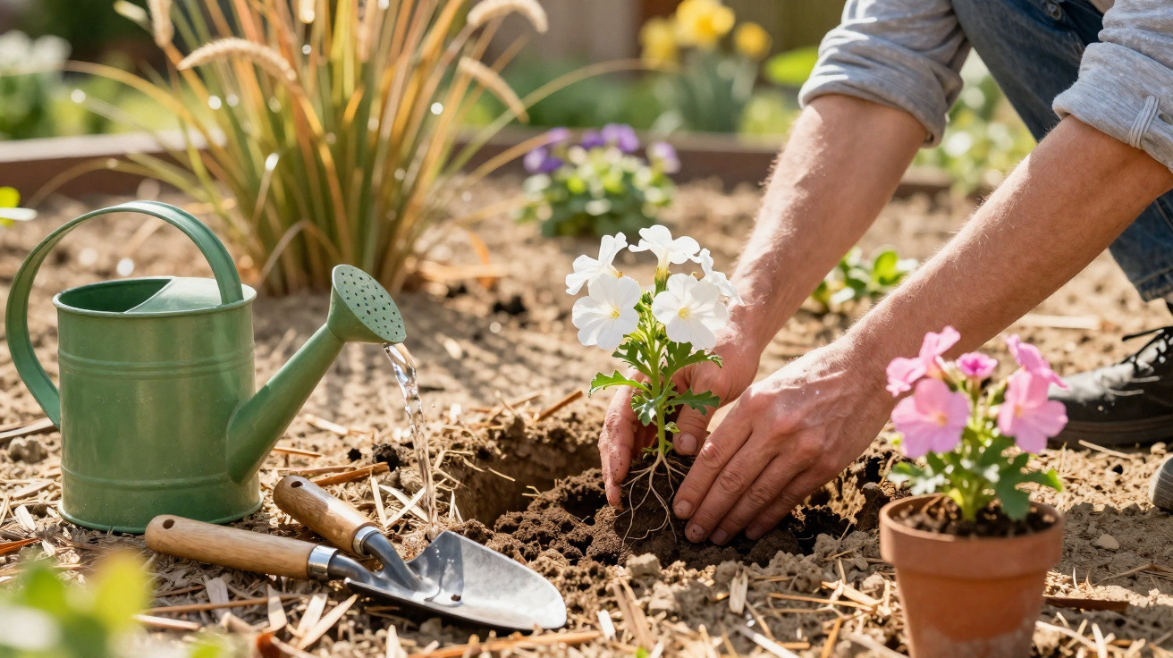 Person planting white flowers in soil with watering can and gardening tools beside them outdoors.