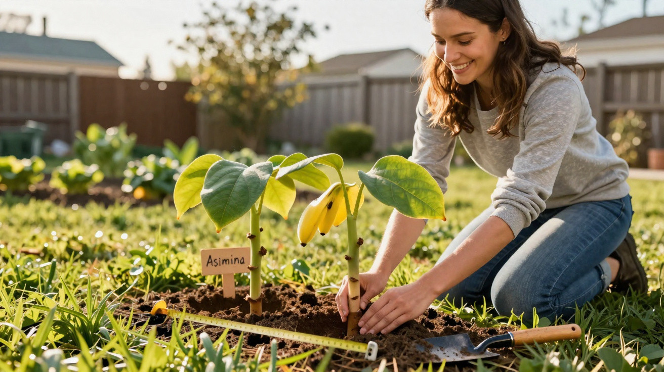 Young woman planting an Asimina seedling in a garden on a sunny day, smiling and kneeling on grass.