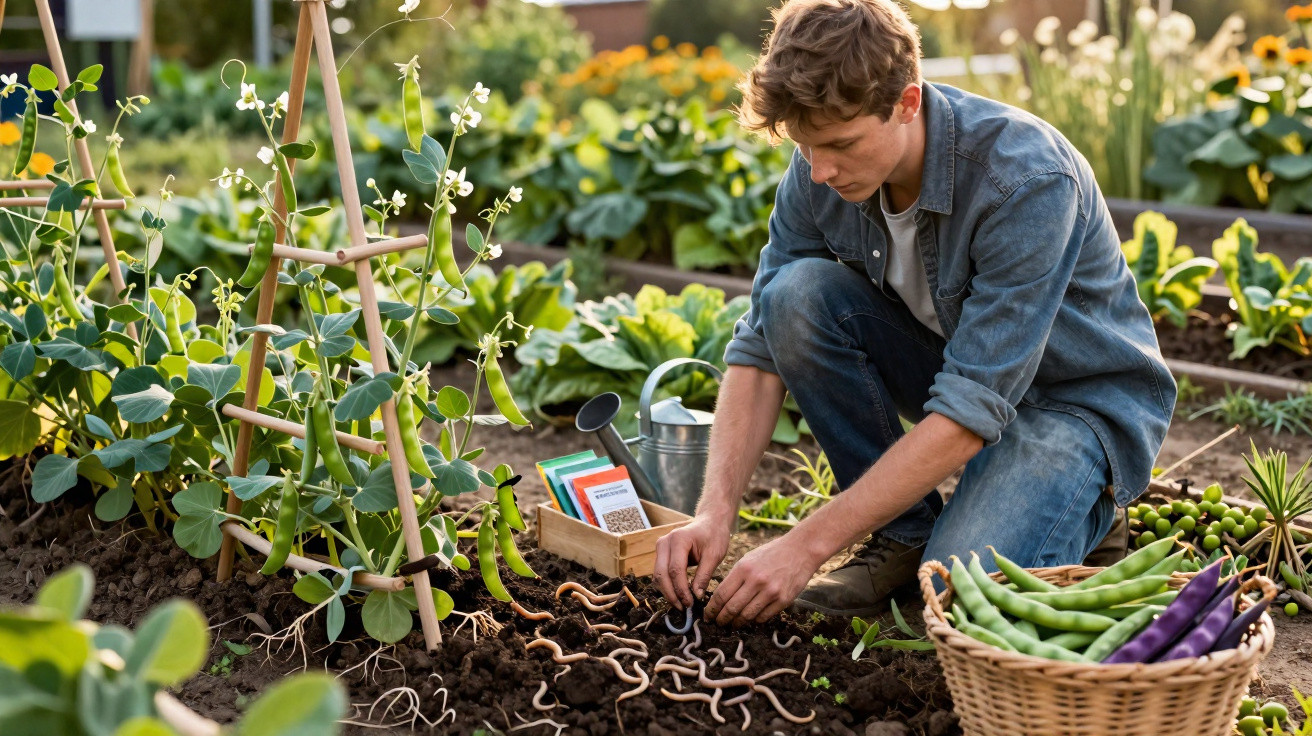 Young man planting earthworms in vegetable garden with basket of fresh peas and gardening tools nearby