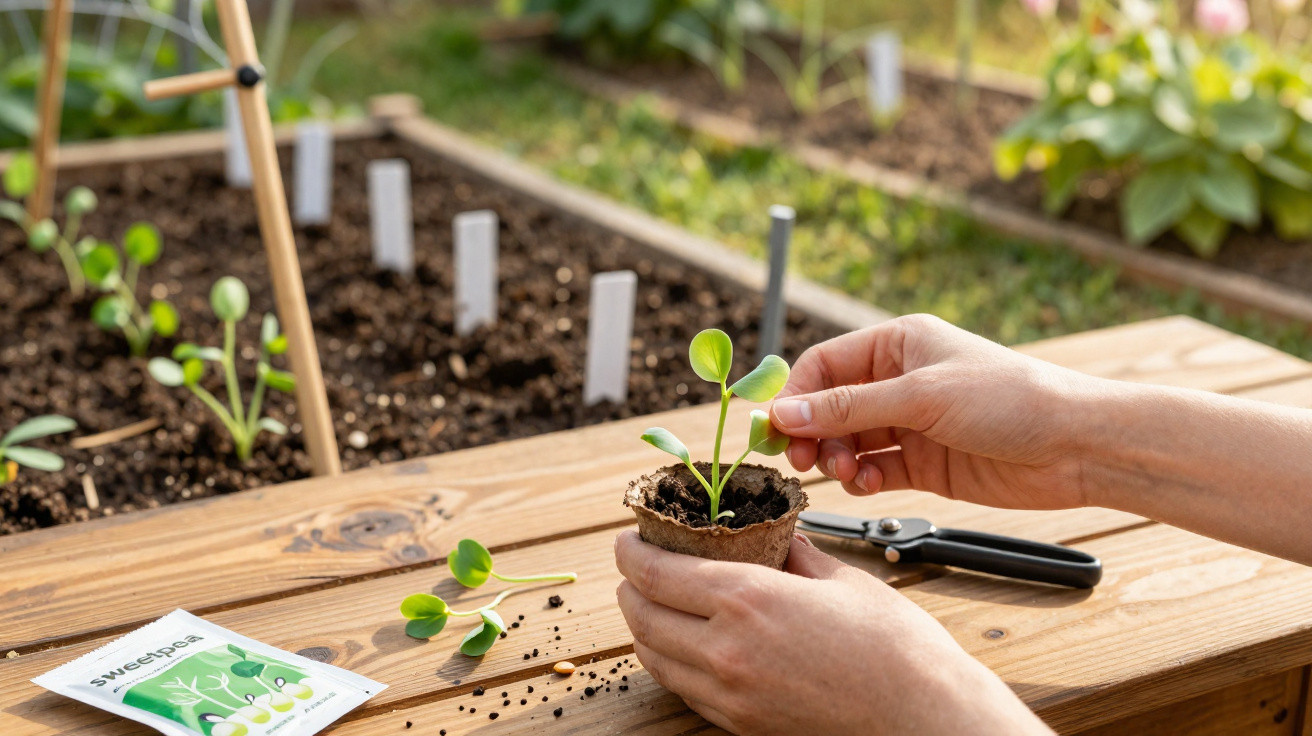 Person planting young seedling in a small biodegradable pot on a wooden table next to seed packet and pruning shears.