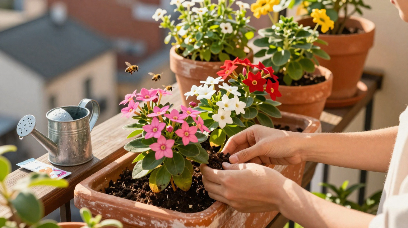 Hands tending multicoloured flowering plants in pots on a sunny balcony with bees flying nearby.