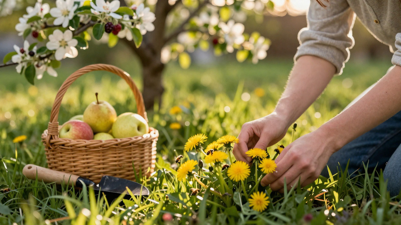 Person picking yellow dandelions in a grassy orchard beside a basket of apples and pears with a garden trowel.