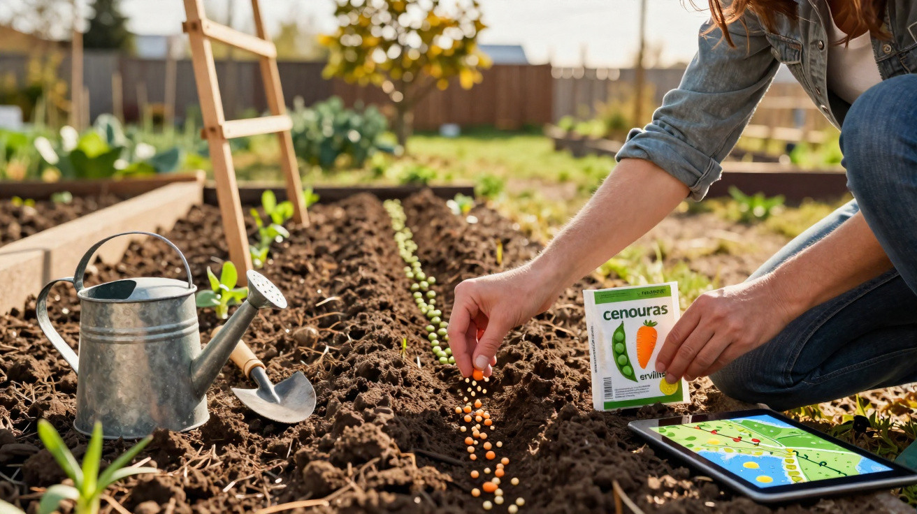 Person planting carrot seeds in a garden bed with a watering can, trowel, and tablet nearby.