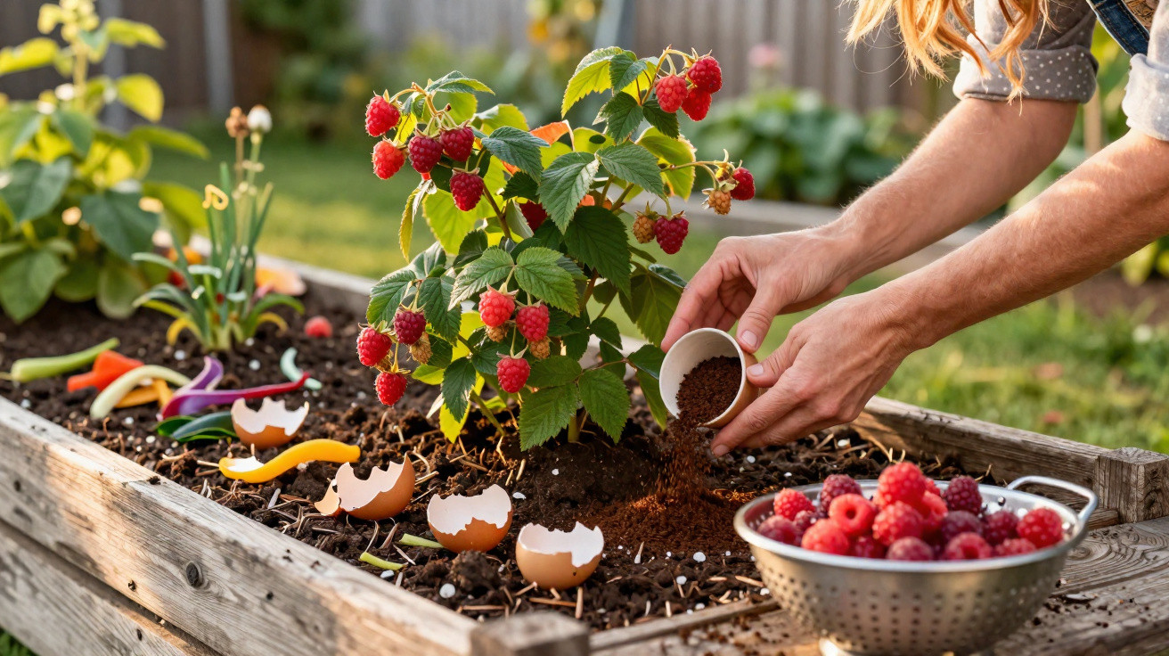 Hands sprinkling coffee grounds around a raspberry plant in a garden bed with eggshells and a colander of raspberries nearby.