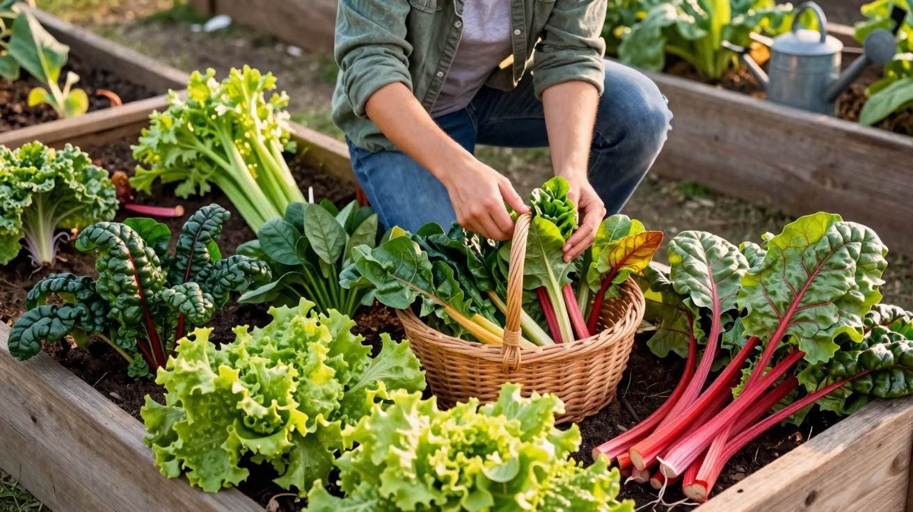 Person harvesting fresh leafy greens and Swiss chard into a wicker basket in a raised garden bed.