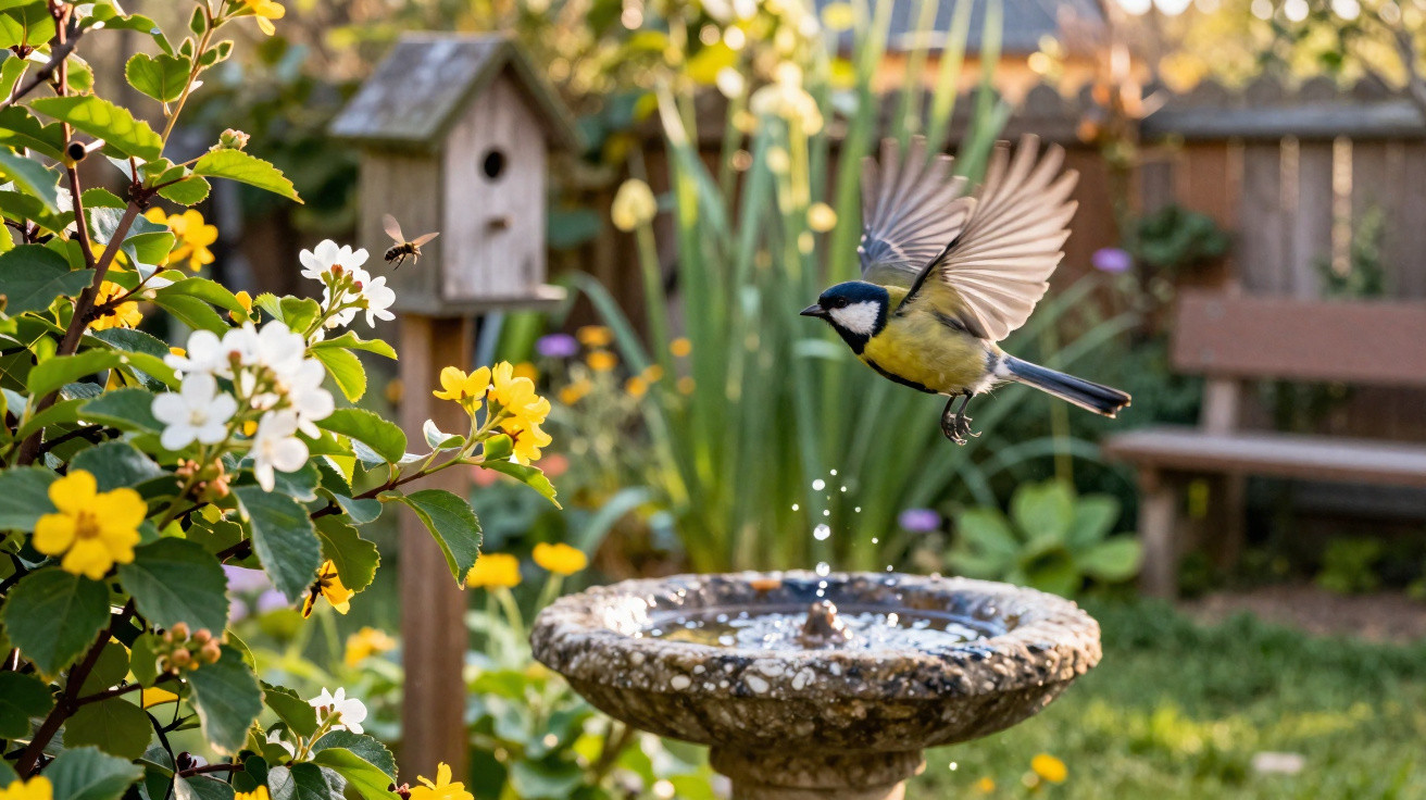 Blue tit bird mid-flight above stone birdbath in a sunny garden with flowers and wooden bench.