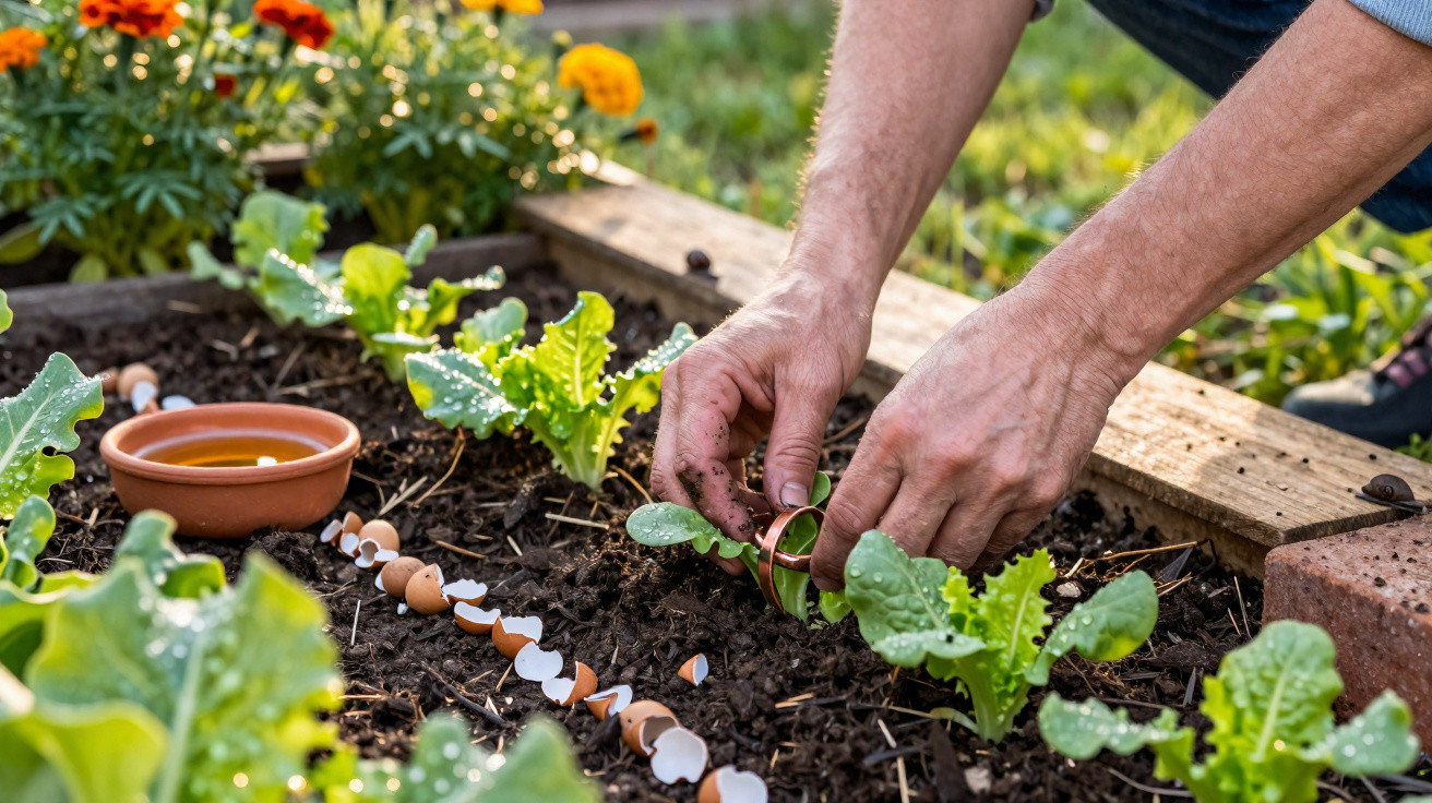 Hands planting seedlings in a garden bed with lettuce plants, eggshells, and marigold flowers in the background.