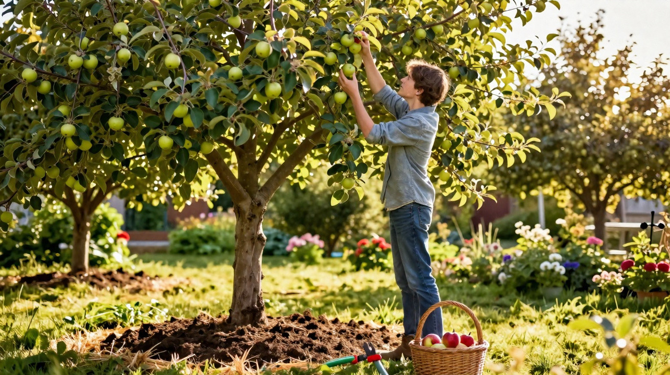 Boy picking apples from an apple tree in a sunlit garden with a basket of apples nearby.
