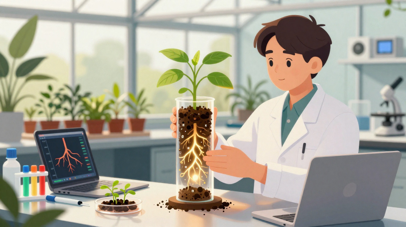 Scientist in lab coat studying a plant's glowing root system in a glass container in a laboratory setting.