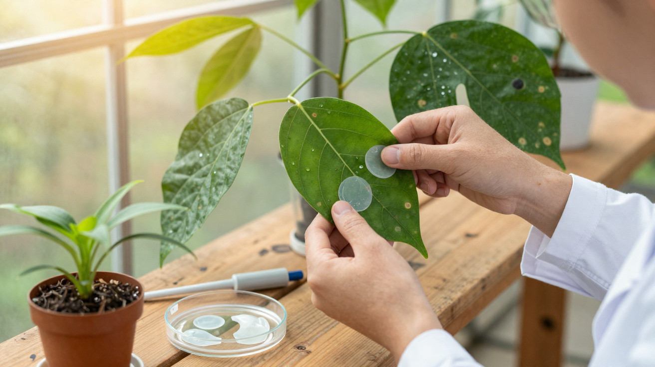 Scientist attaching round adhesive sensors to green leaves inside a sunlit greenhouse laboratory.