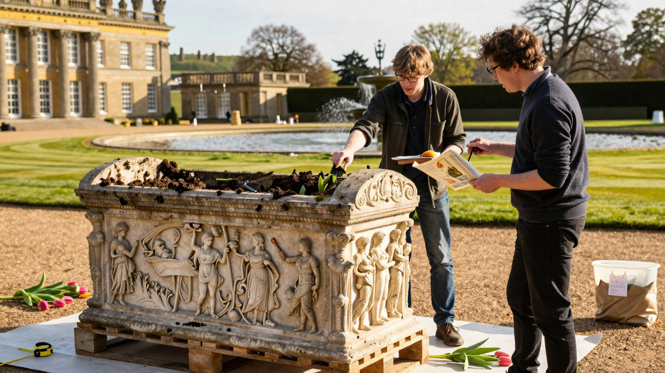 Two men examine an ornate stone planter filled with soil in a formal garden setting.
