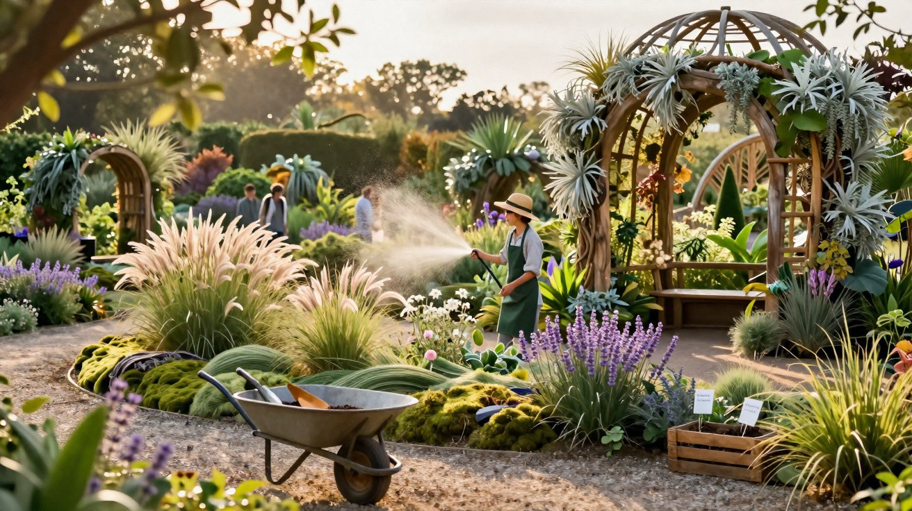 Person watering colourful plants in a sunny garden with a floral arch and a wheelbarrow nearby.
