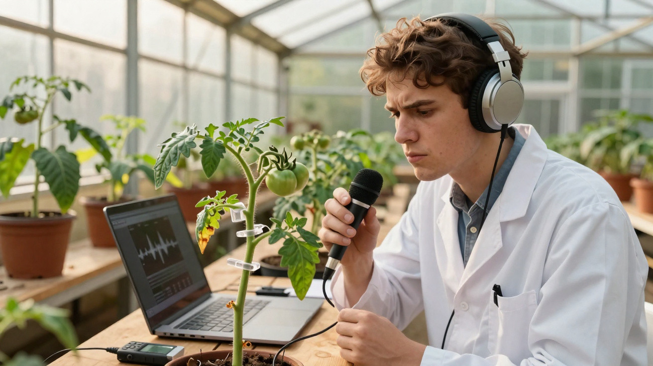Scientist in a lab coat recording sounds of a tomato plant in a greenhouse with headphones and a microphone.
