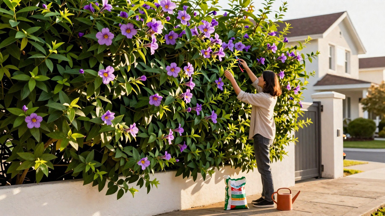 Woman tending to large flowering shrub with purple blossoms outside suburban house.