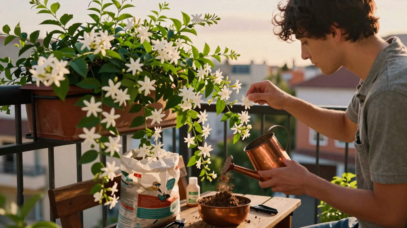 Young man planting flowers on a balcony with a watering can and gardening supplies at sunset.