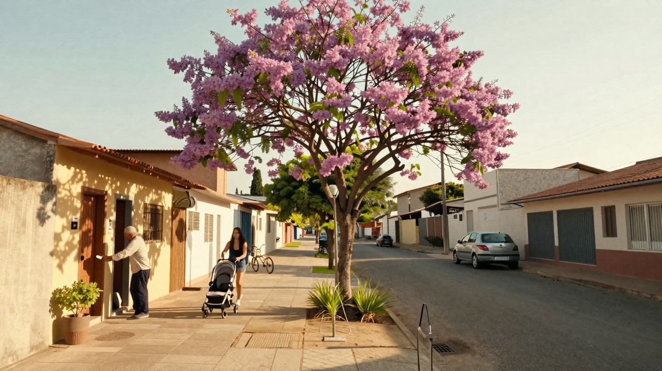 Residential street with a person knocking on a door, a woman pushing a stroller, and a tree with pink blossoms.