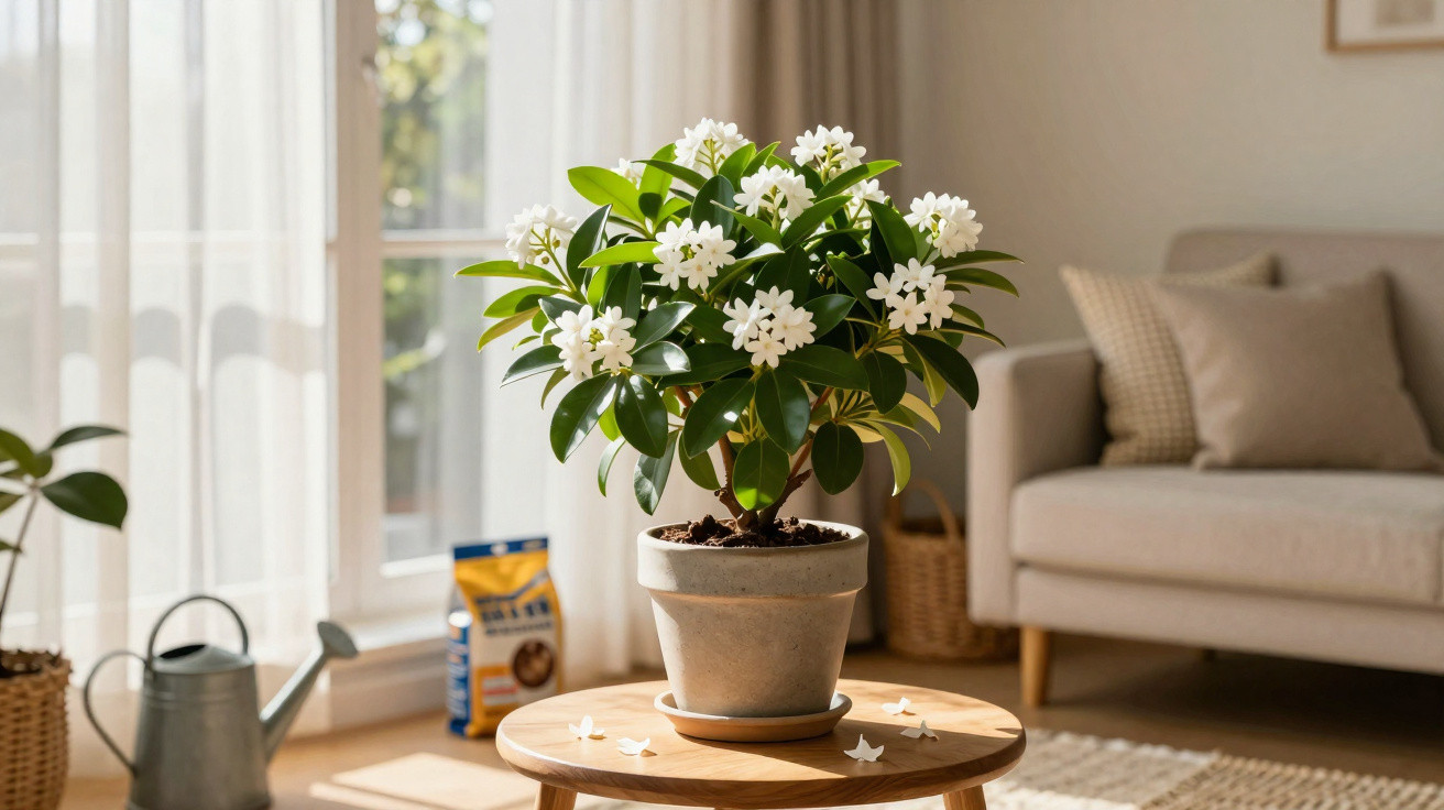 Potted white flowering plant on wooden table in cosy living room with sunlight and soft furnishings.