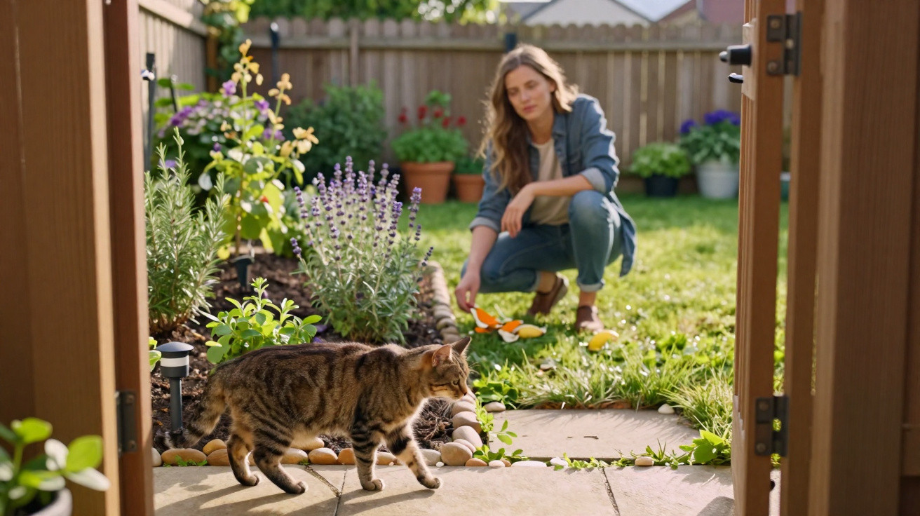 Tabby cat walking in garden with woman crouching near plants in background on a sunny day.