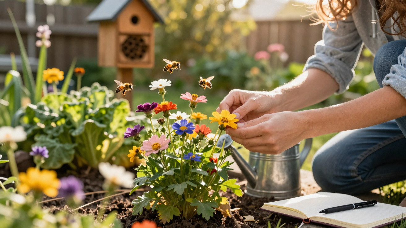 Person tending colourful flowers in a garden with bees hovering nearby on a sunny day.