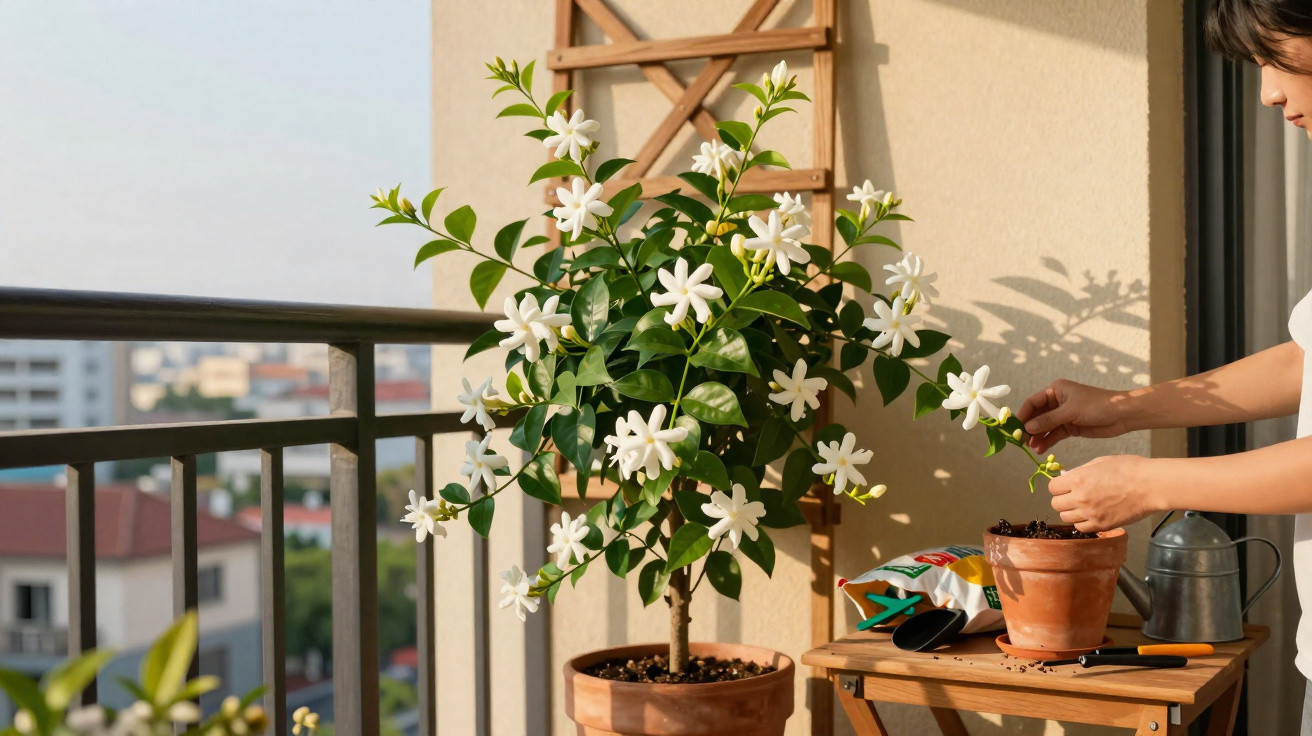 Person planting a white jasmine flower in a terracotta pot on a balcony in daylight.