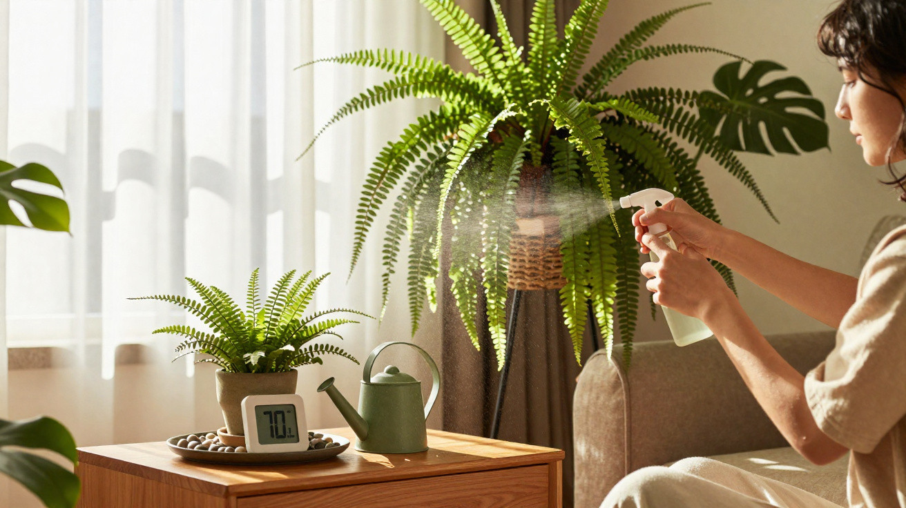 Woman spraying a large fern plant near a wooden table with a smaller plant, watering can, and thermometer.