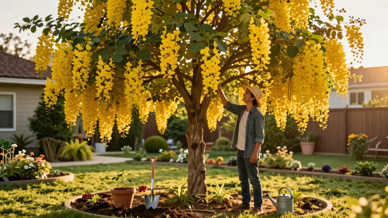 Person in a hat admiring a laburnum tree in full bloom in a well-kept garden at sunset.