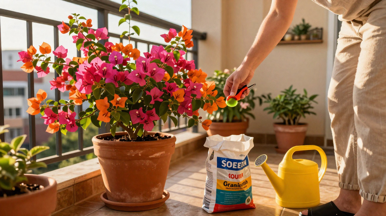 Person adding fertiliser to blooming pink and orange bougainvillea plant on balcony with watering can nearby