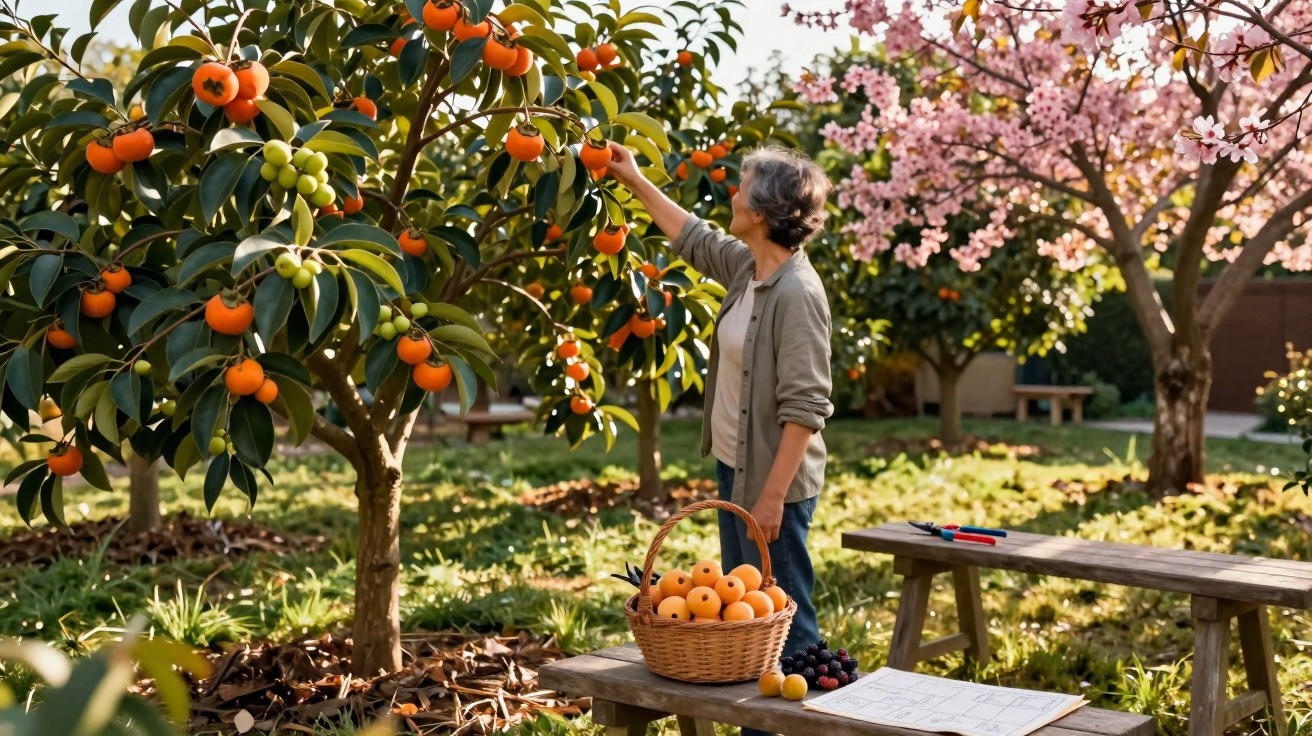 Woman picking ripe persimmons from tree in garden with basket of fruit on bench nearby.