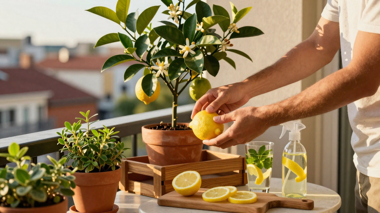 Person harvesting a lemon from a potted lemon tree on a sunlit balcony with sliced lemons and lemon water.