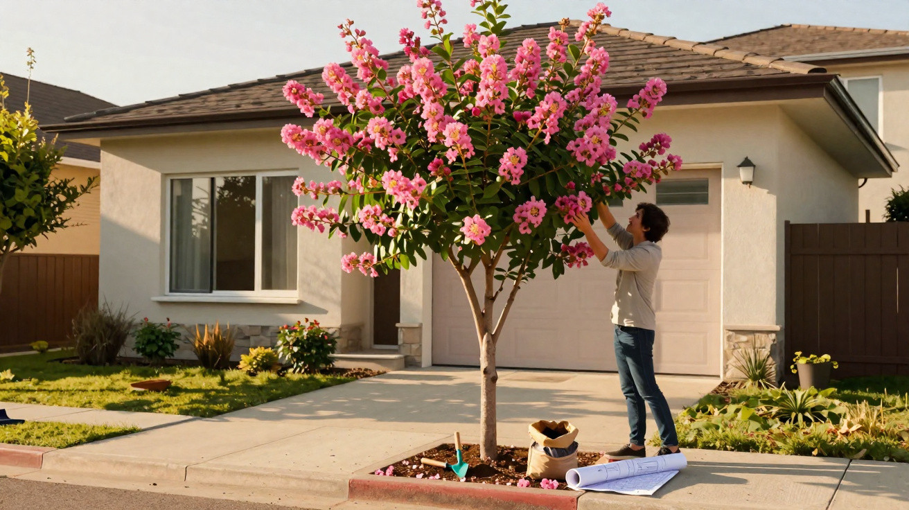 Person tending to a small pink-flowered tree on a suburban driveway in front of a house.