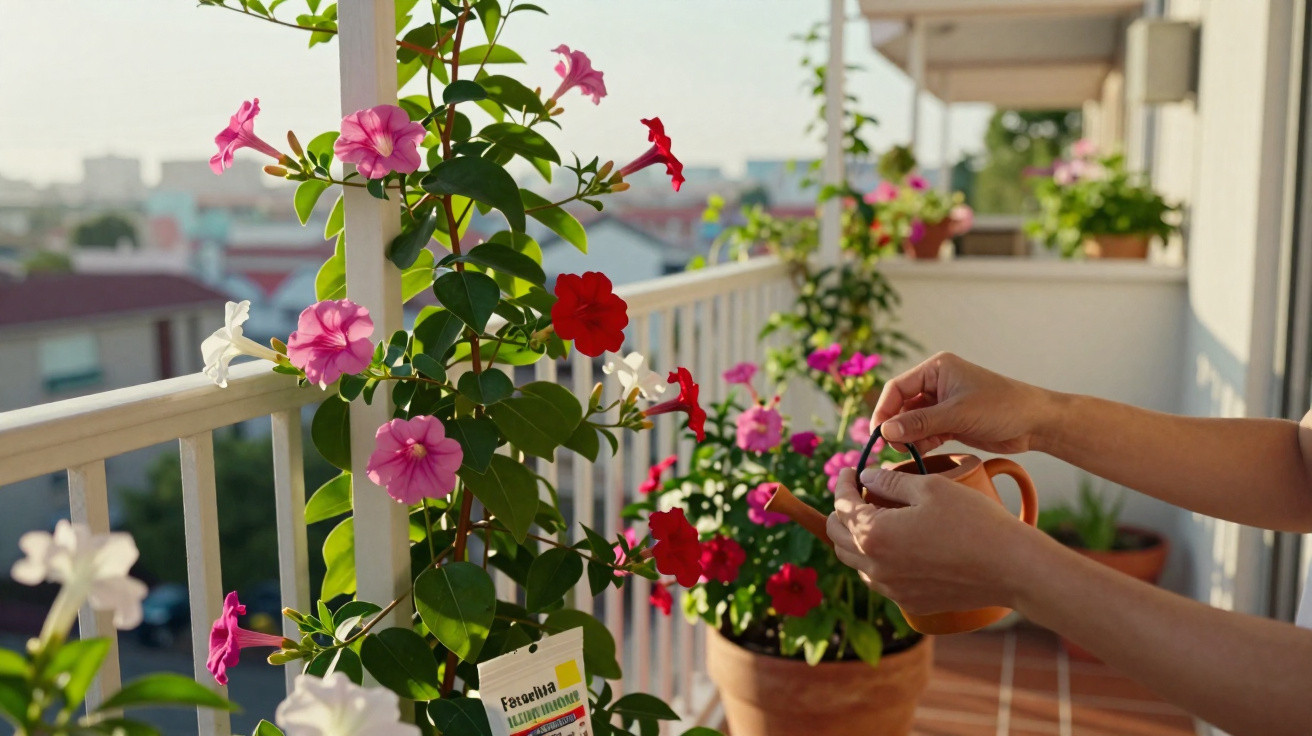 Hands watering colourful potted flowers on a sunlit balcony with buildings in the background.
