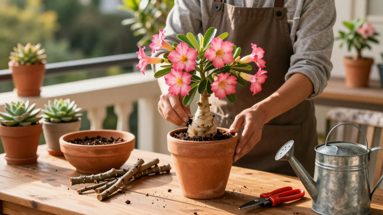 Person potting a pink-flowered plant on a wooden table with gardening tools and succulents.