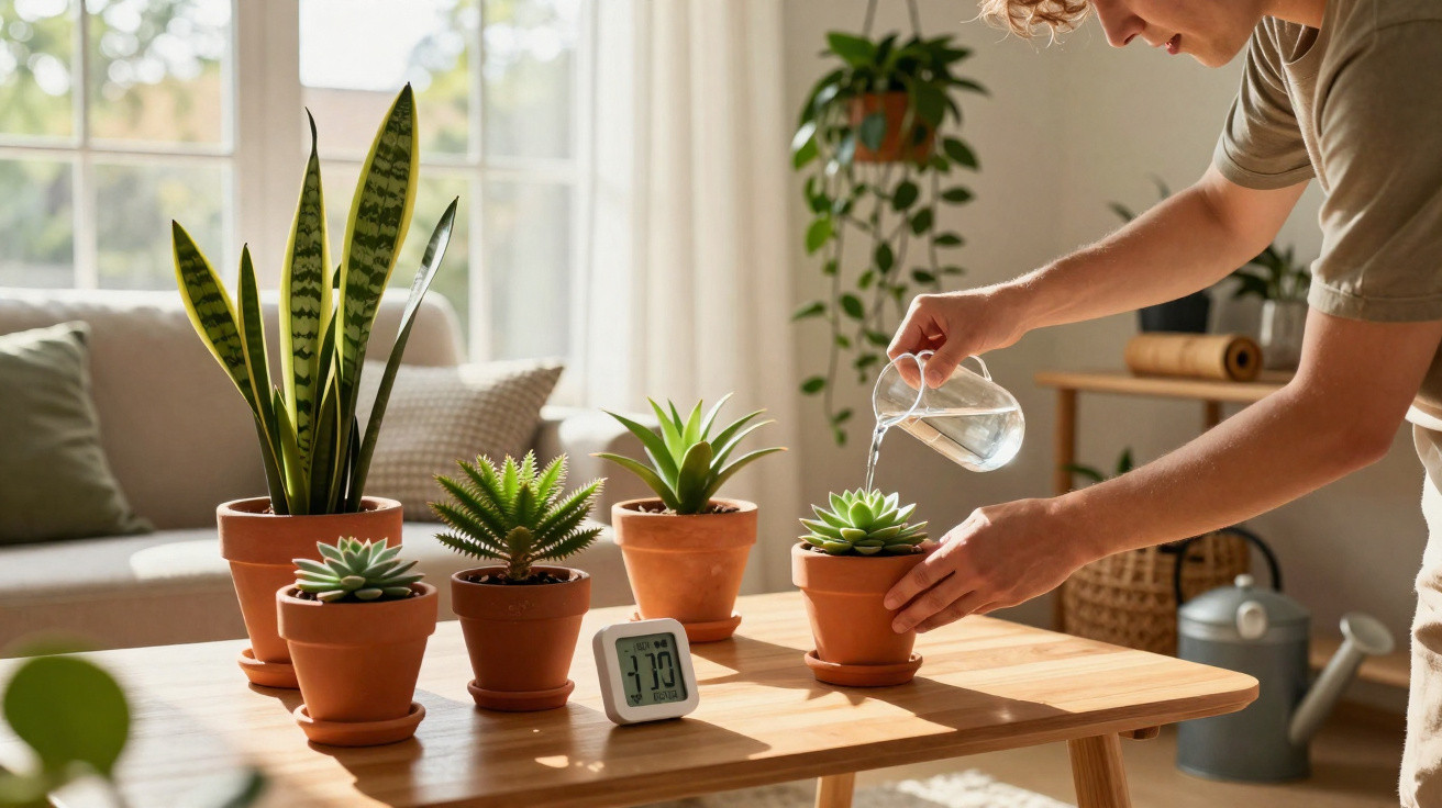 Person watering potted succulents and houseplants on a wooden table in a sunlit living room.