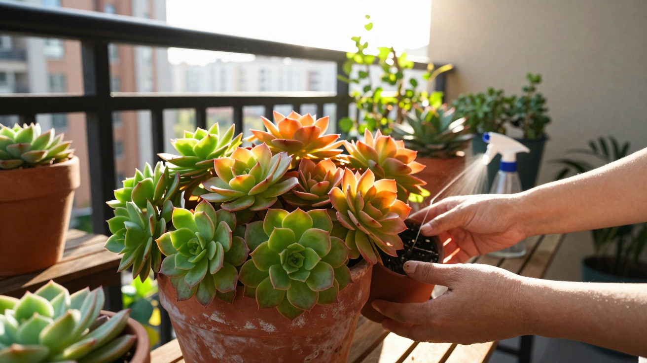 Hands watering a variety of colourful succulents in pots on a sunny balcony wooden table.