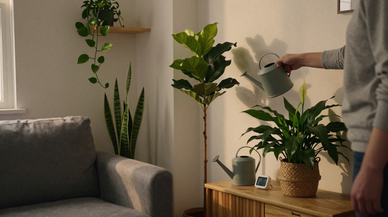 Person watering a peace lily on a wooden cabinet beside indoor plants and a grey sofa in a living room.