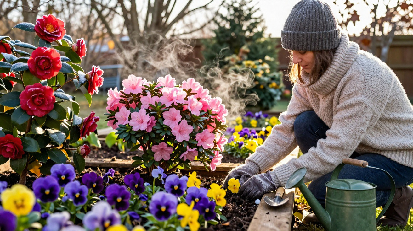 Woman in grey sweater and beanie planting flowers in a colourful garden on a sunny day