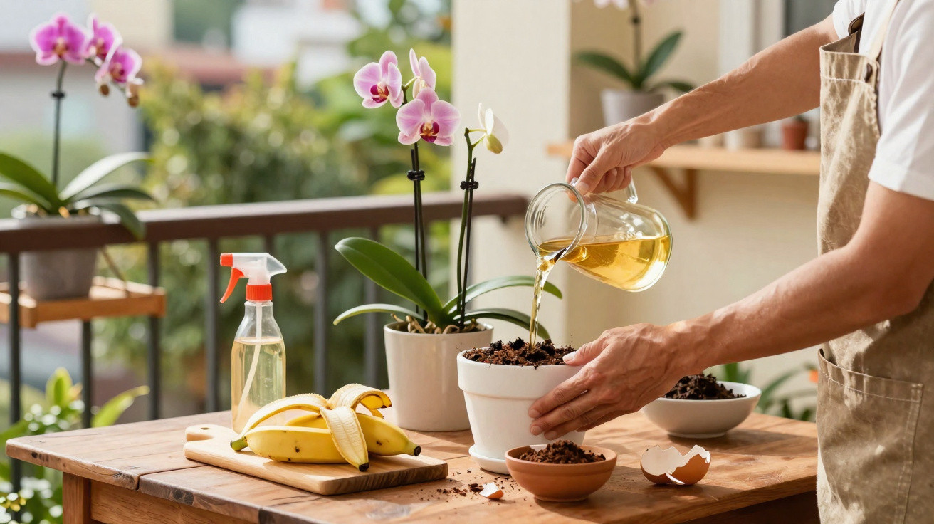 Person watering an orchid plant in a white pot on a wooden table with gardening tools and bananas nearby.