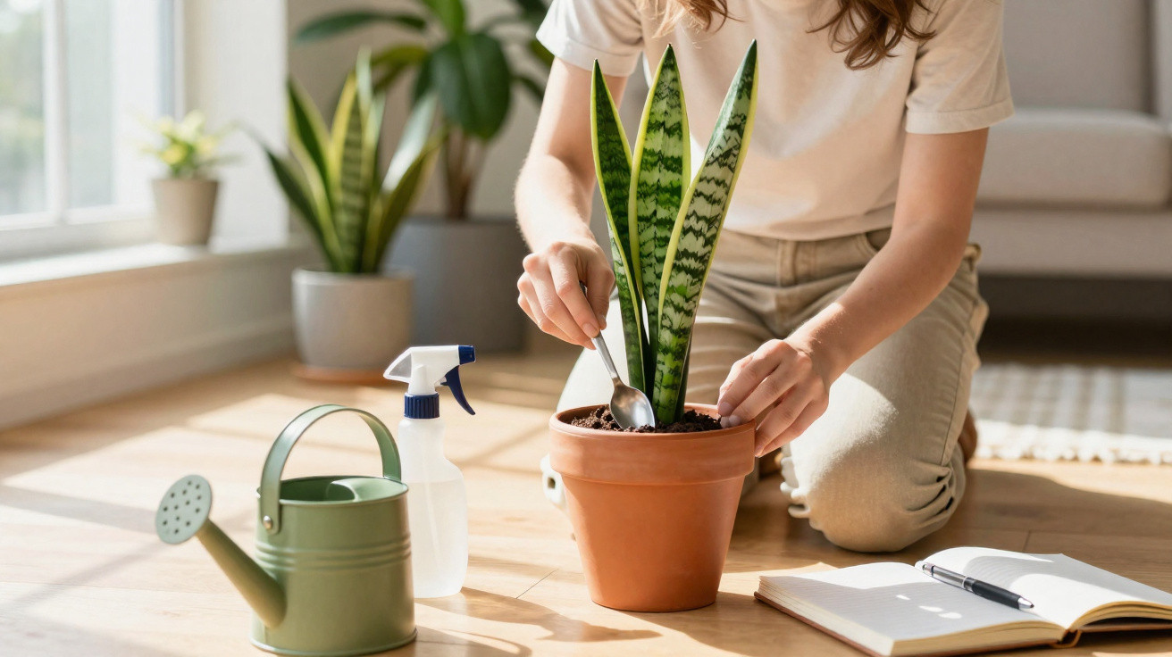 Person tending to a snake plant in a terracotta pot with watering can, spray bottle, and notebook nearby.
